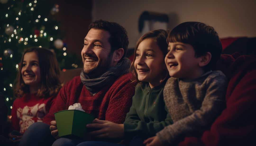 Photo of a family enjoying a cozy Christmas movie night together